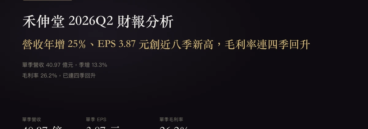 禾伸堂（3026）2026年第2季財報：營收年增25%、EPS 3.87元創近八季新高，毛利率連四季回升