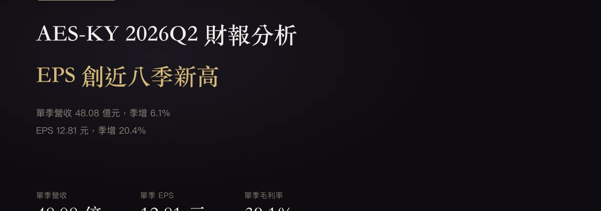 AES-KY（6781）2026Q2財報：EPS創近八季新高