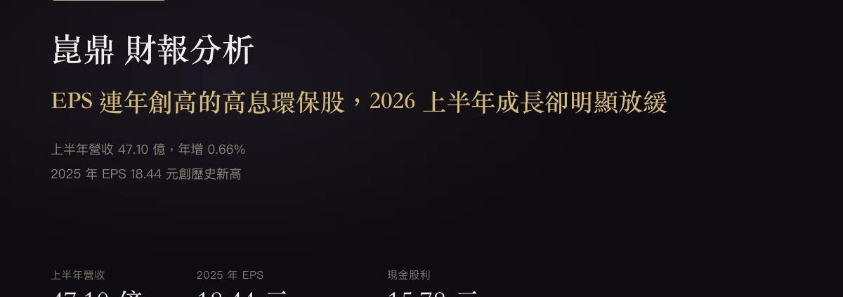 崑鼎（6803）財務分析：EPS 連年創高的高息環保股，2026 上半年成長卻明顯放緩