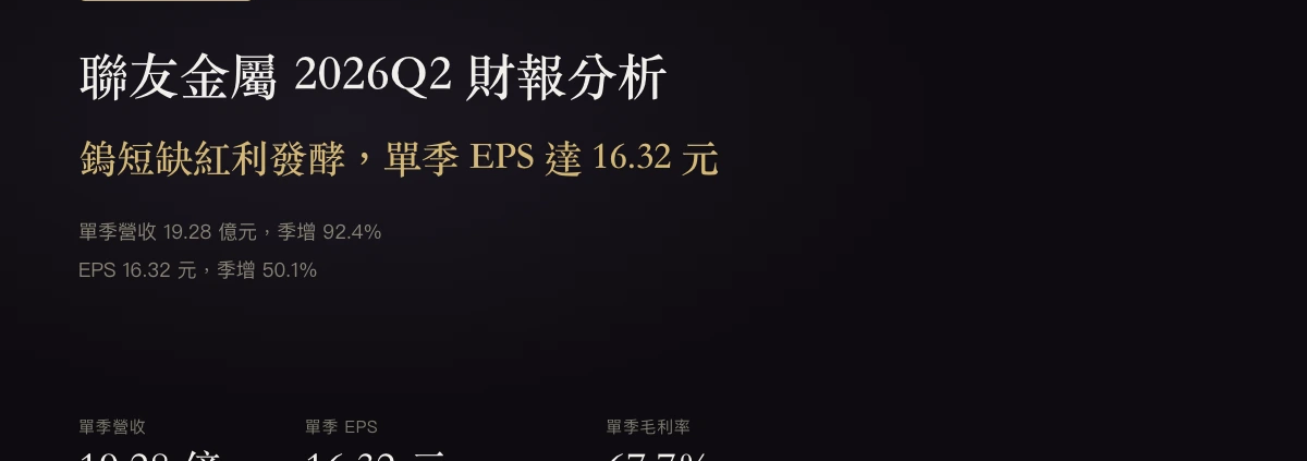 聯友金屬（7610）2026Q2財報：鎢短缺紅利發酵，單季EPS達16.32元